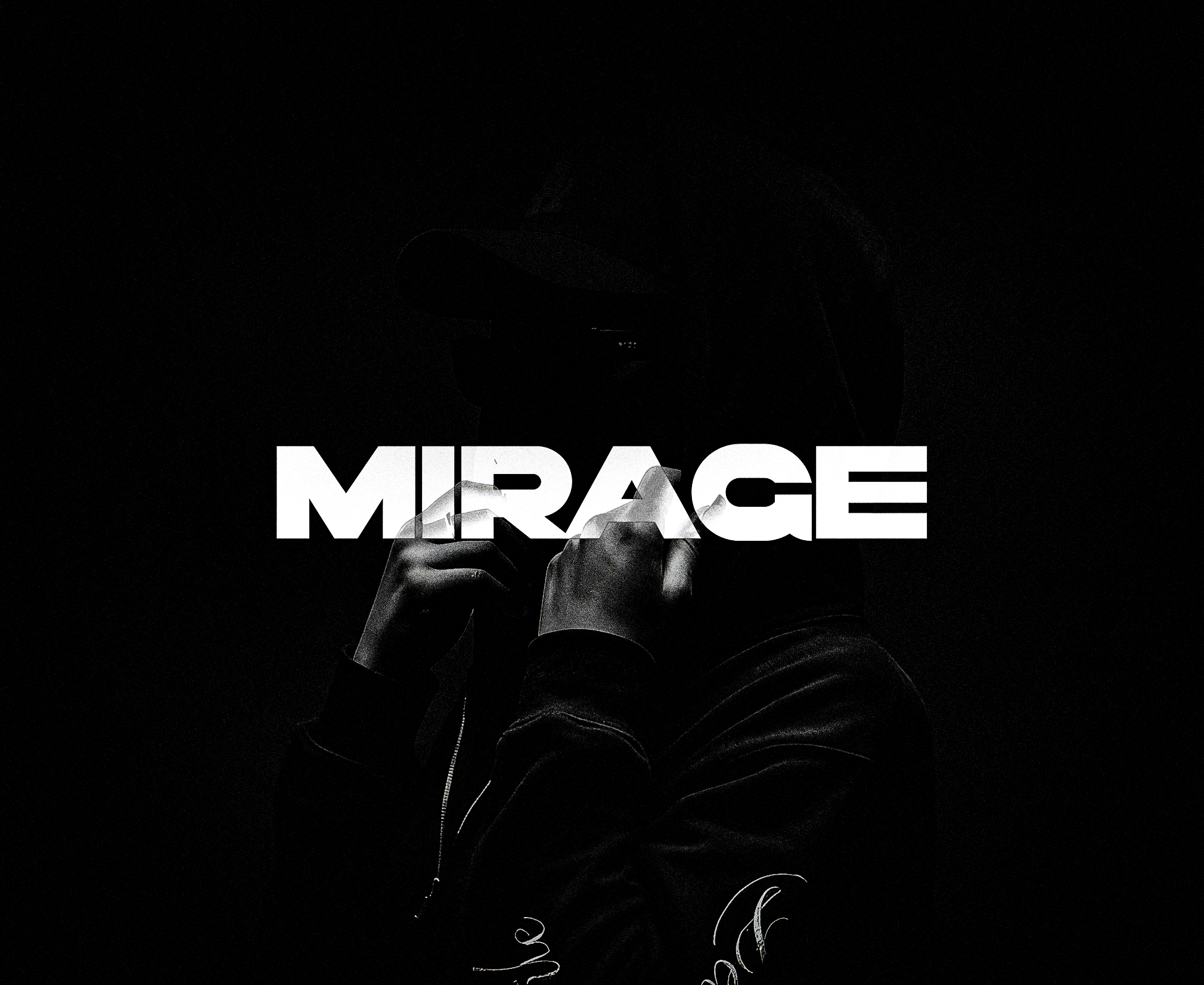 Monochrome MIRAGE artwork with a hooded figure and the MIRAGE wordmark